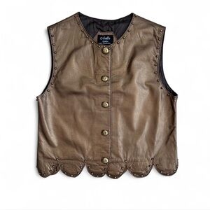 Vintage Bronze Leather Studded Vest – Scalloped Hem – Size L